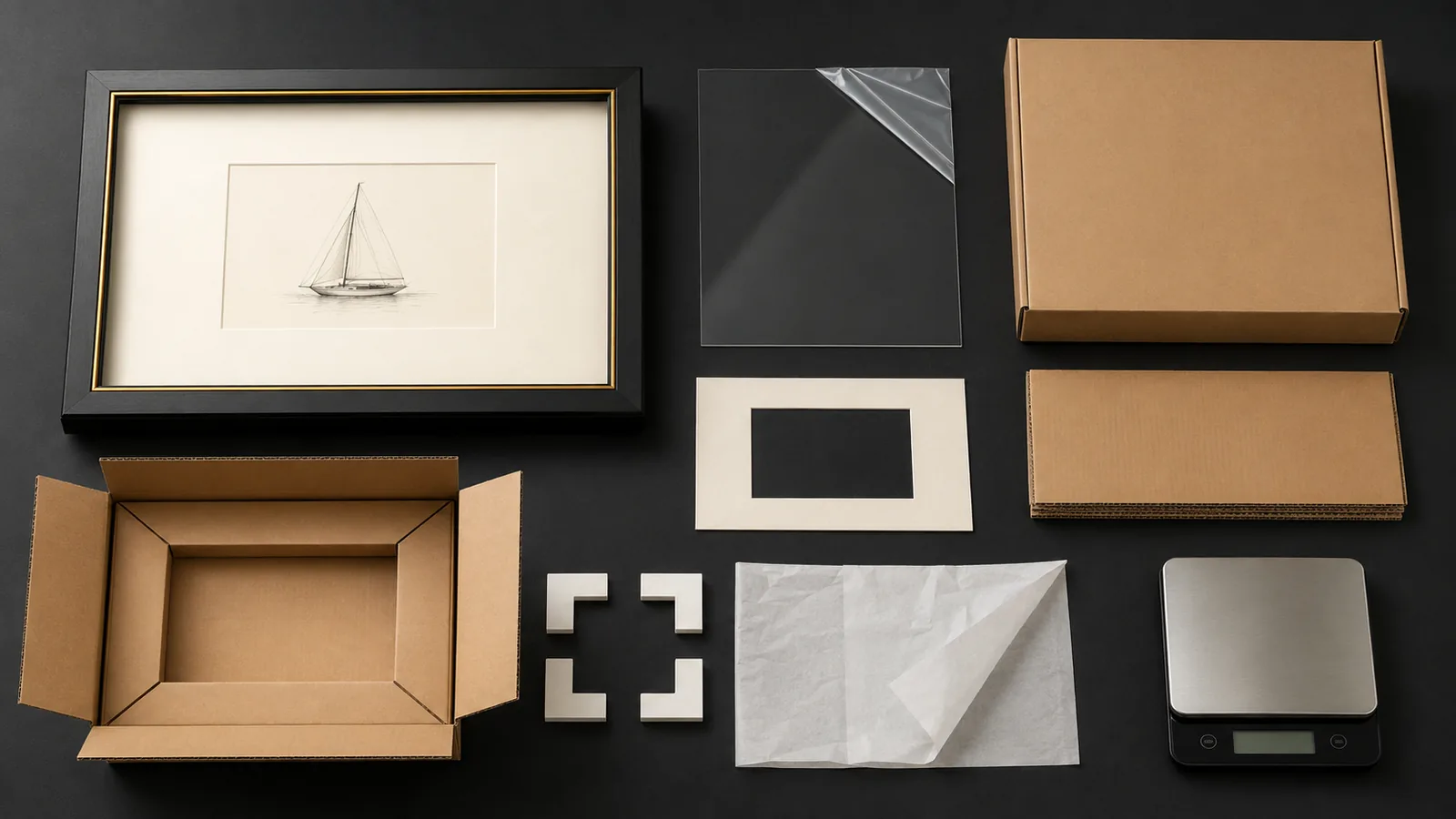 Premium display frame, glazing, mat, cartons, paper corner protectors and scale arranged for a UK packaging EPR bill-of-materials review