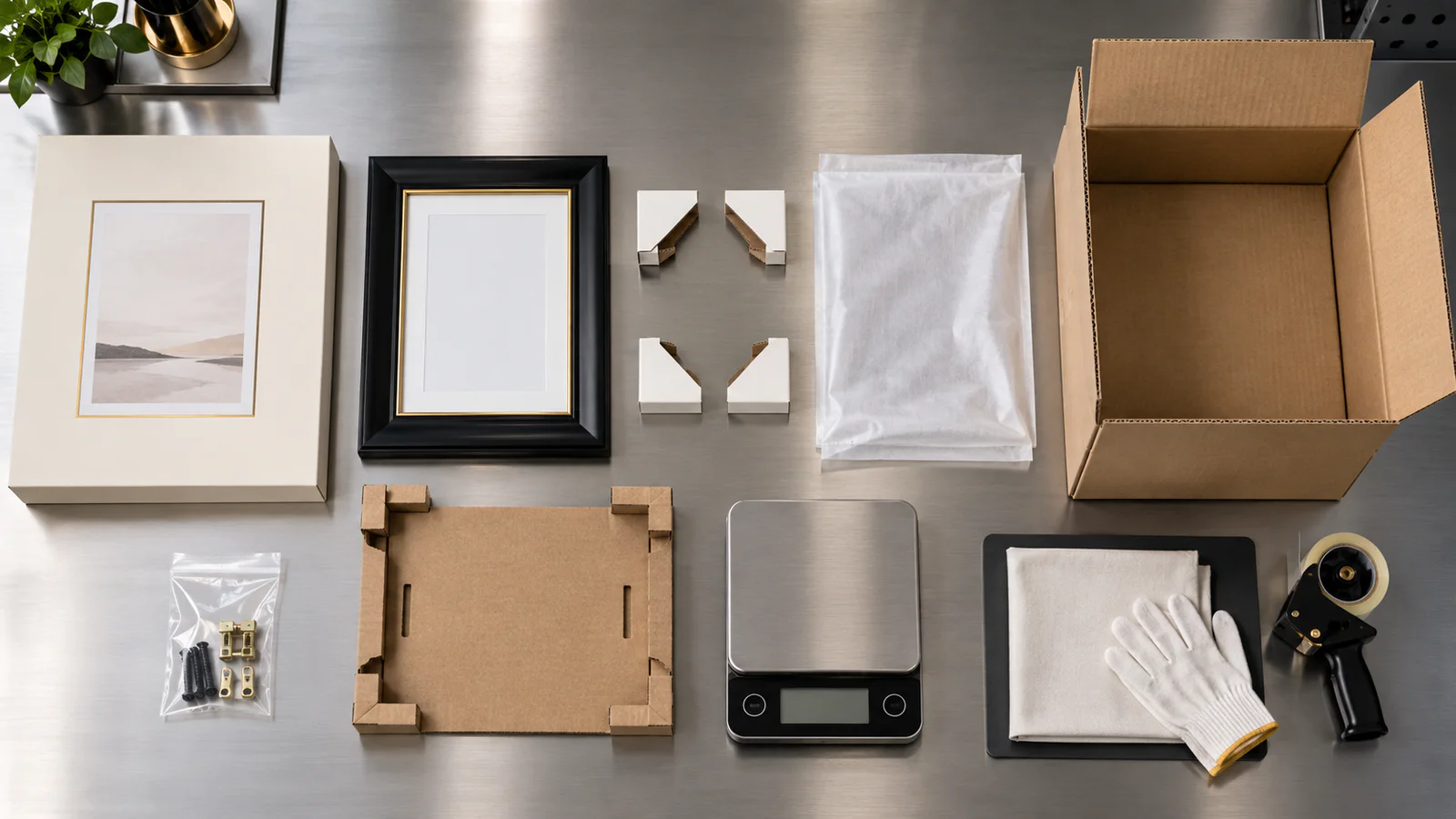 Top-down audit of a black display frame with retail carton, corner protectors, protective sleeve, hardware pouch and shipping carton