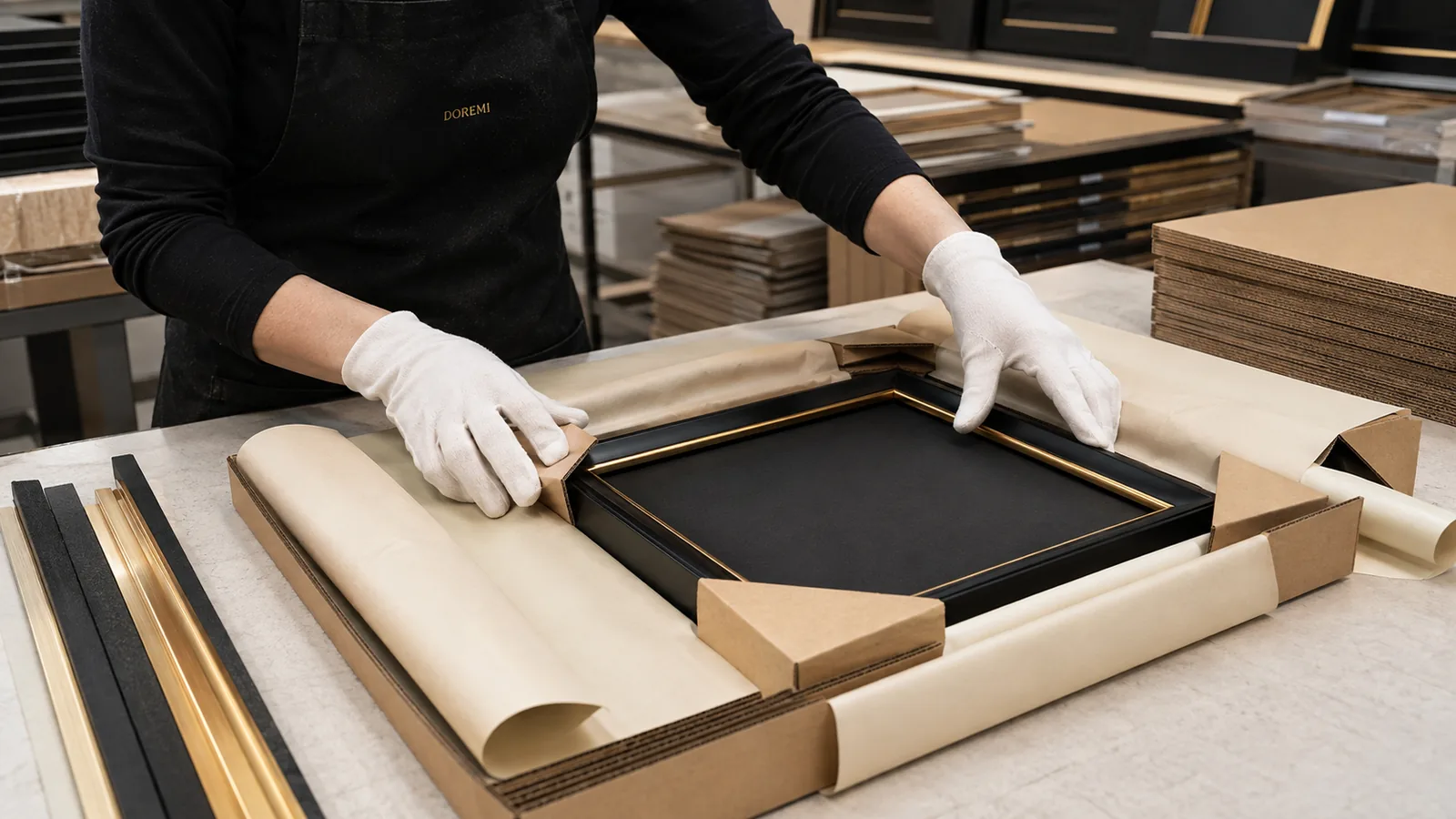 DOREMI quality worker checking paper corner protection and kraft packaging around a black-and-gold display frame
