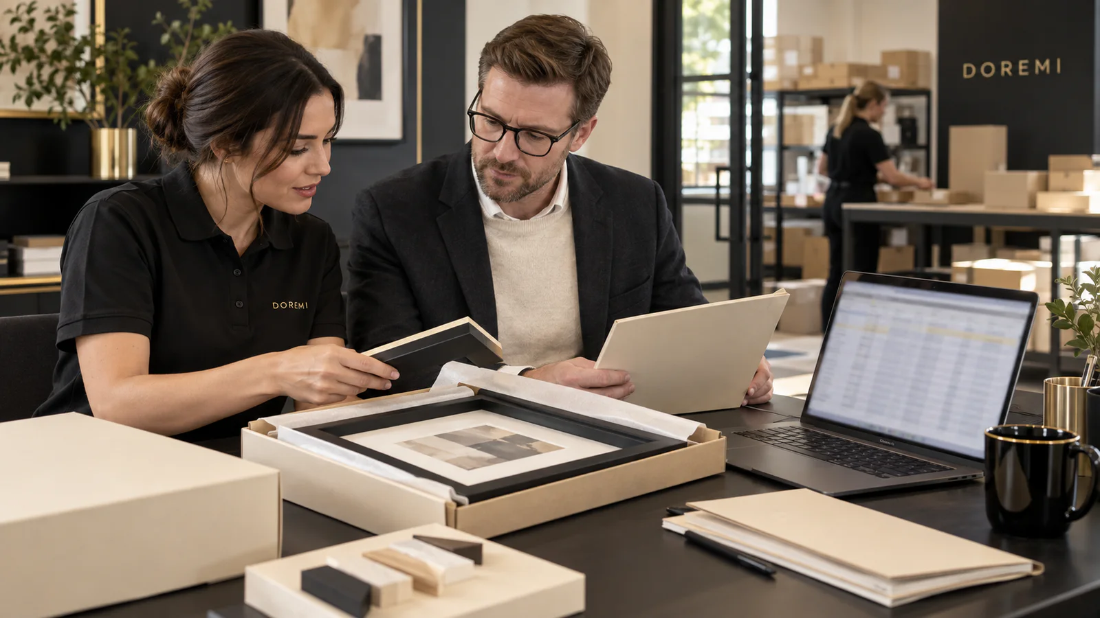 DOREMI packaging specialist and UK manager reviewing a packed black frame beside a non-readable reporting spreadsheet