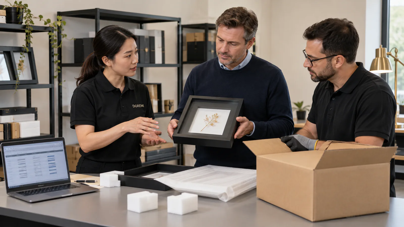 UK importer, packaging technician and DOREMI advisor reviewing a packed black shadow box and its protective components