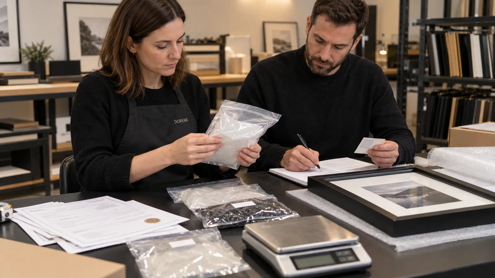 DOREMI packaging engineer and UK buyer examining protective film samples, recycled-content evidence and a black photo frame