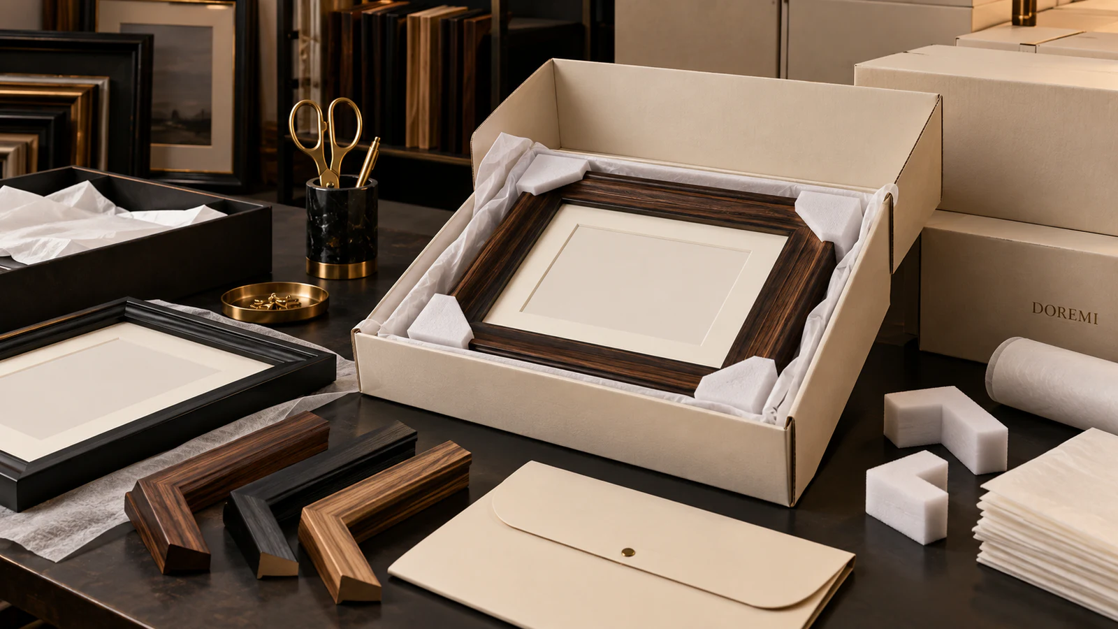 Wooden certificate and picture frames with protective packaging prepared for a Great Britain importer due-diligence handover