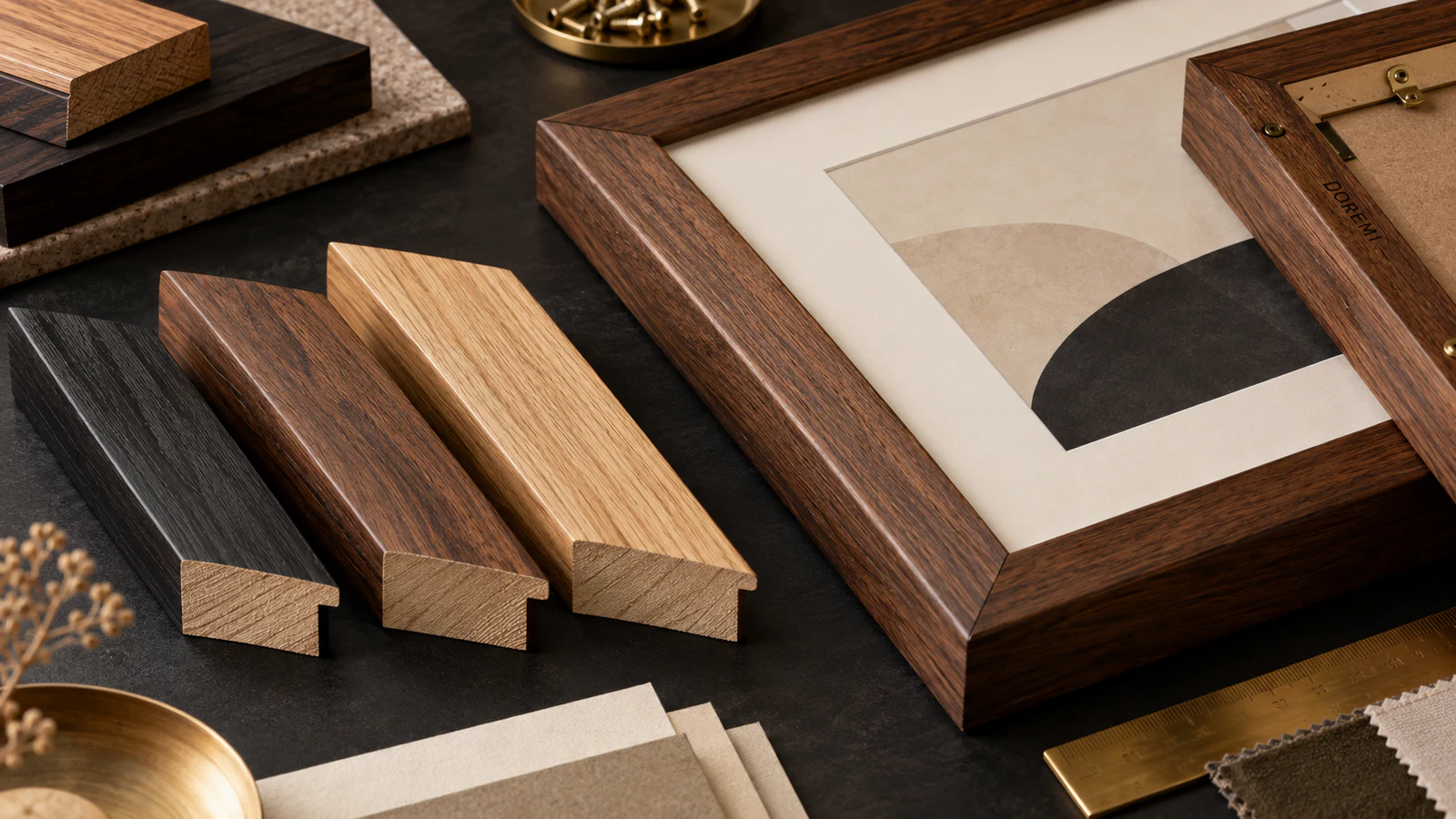 Premium walnut and black wooden frame samples with timber grain details arranged for a Great Britain species review