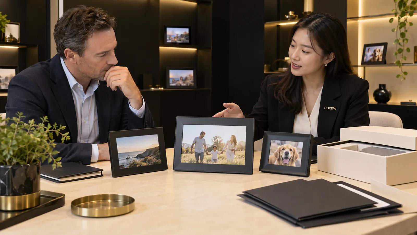 UK importer and DOREMI team reviewing black digital photo frame models, packaging and unmarked compliance files