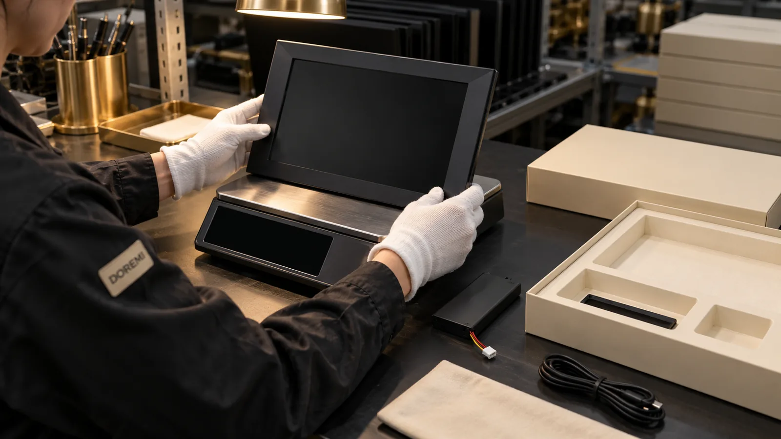 Gloved technician weighing a premium black digital photo frame and separate battery components on an unlabelled bench scale