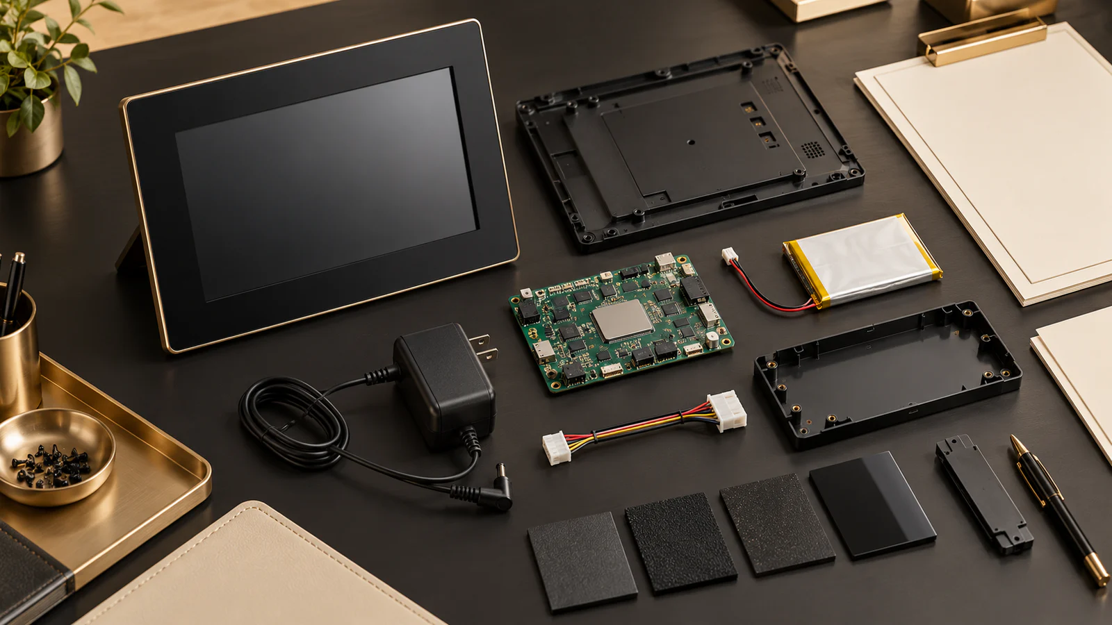 Digital photo frame, external adapter, circuit board, enclosure samples and blank approval sheets arranged for a UL CSA 62368-1 component review