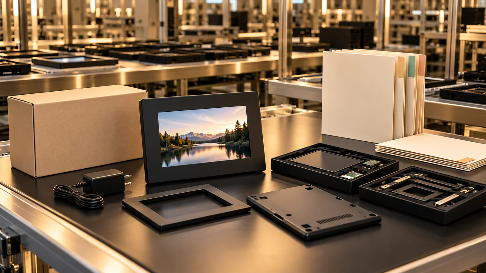 Digital photo frame production sample, adapter, enclosure pieces and blank change-control folders on a premium factory review table