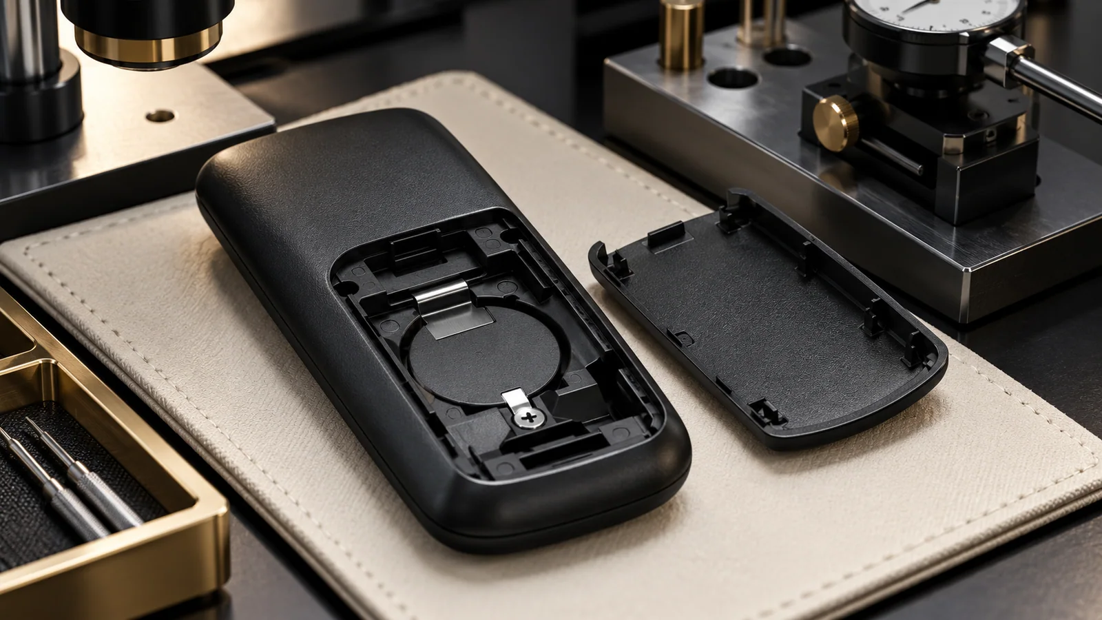 Close inspection of a black digital photo frame remote with a recessed coin-battery tray and screw-fastened compartment on a quality-control bench