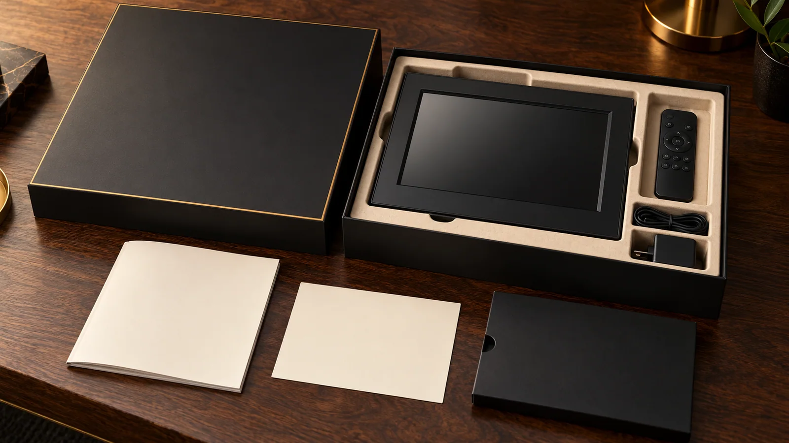 Black digital photo frame, secured remote, fitted cream packaging and blank documentation arranged for a U.S. retail-pack handover
