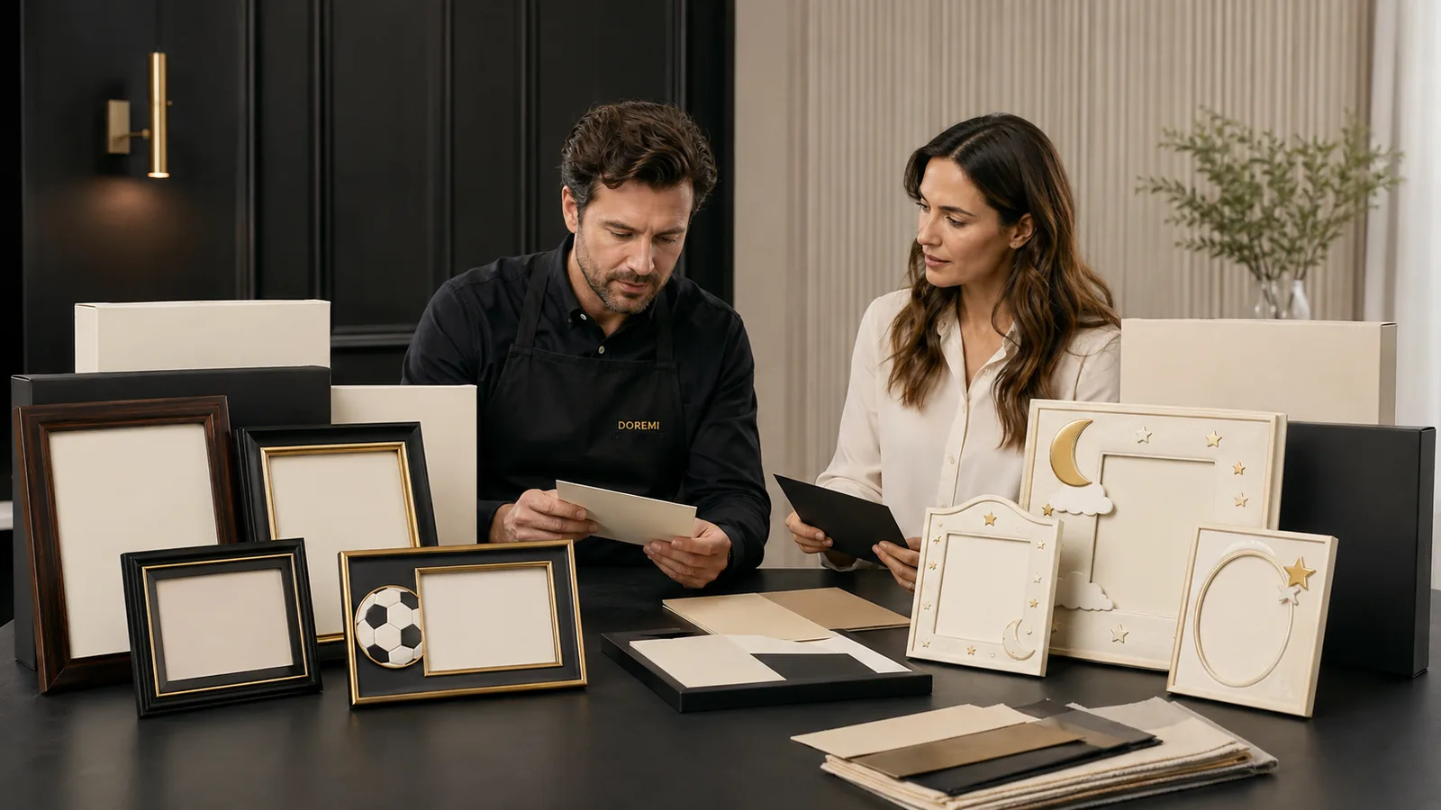 DOREMI specialist and U.S. buyer comparing general-use and nursery-themed display-frame samples with plain packaging