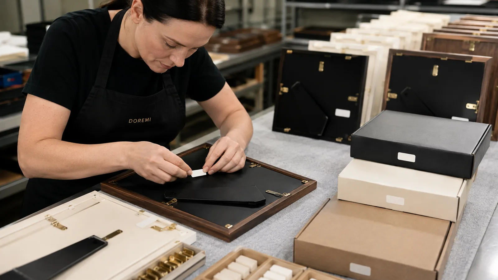 DOREMI quality worker applying blank permanent identification labels to display-frame backs and matching plain retail cartons