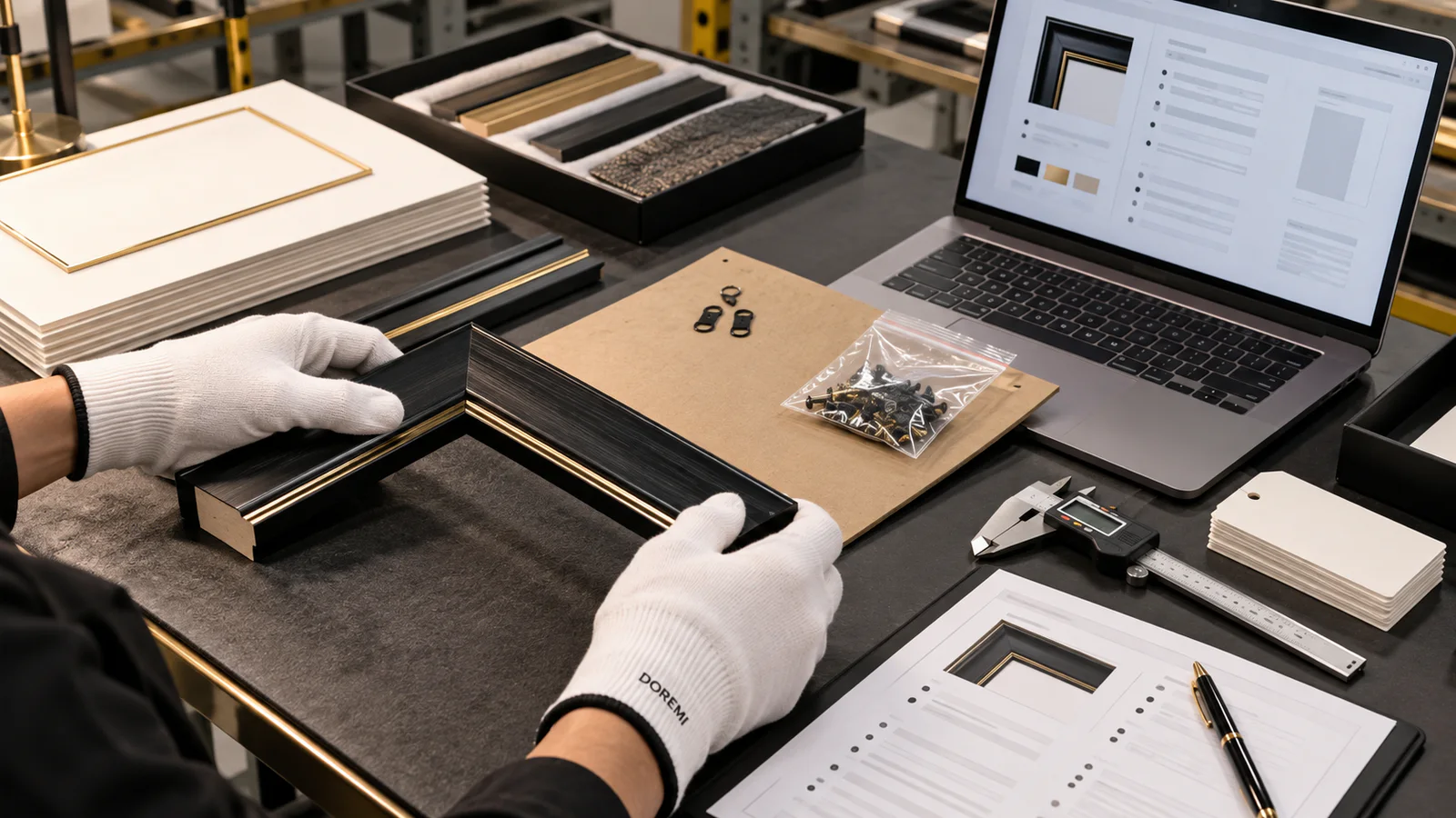 Gloved specialist reviewing a black display-frame profile, backing, hardware and neutral certificate-data fields at a quality bench