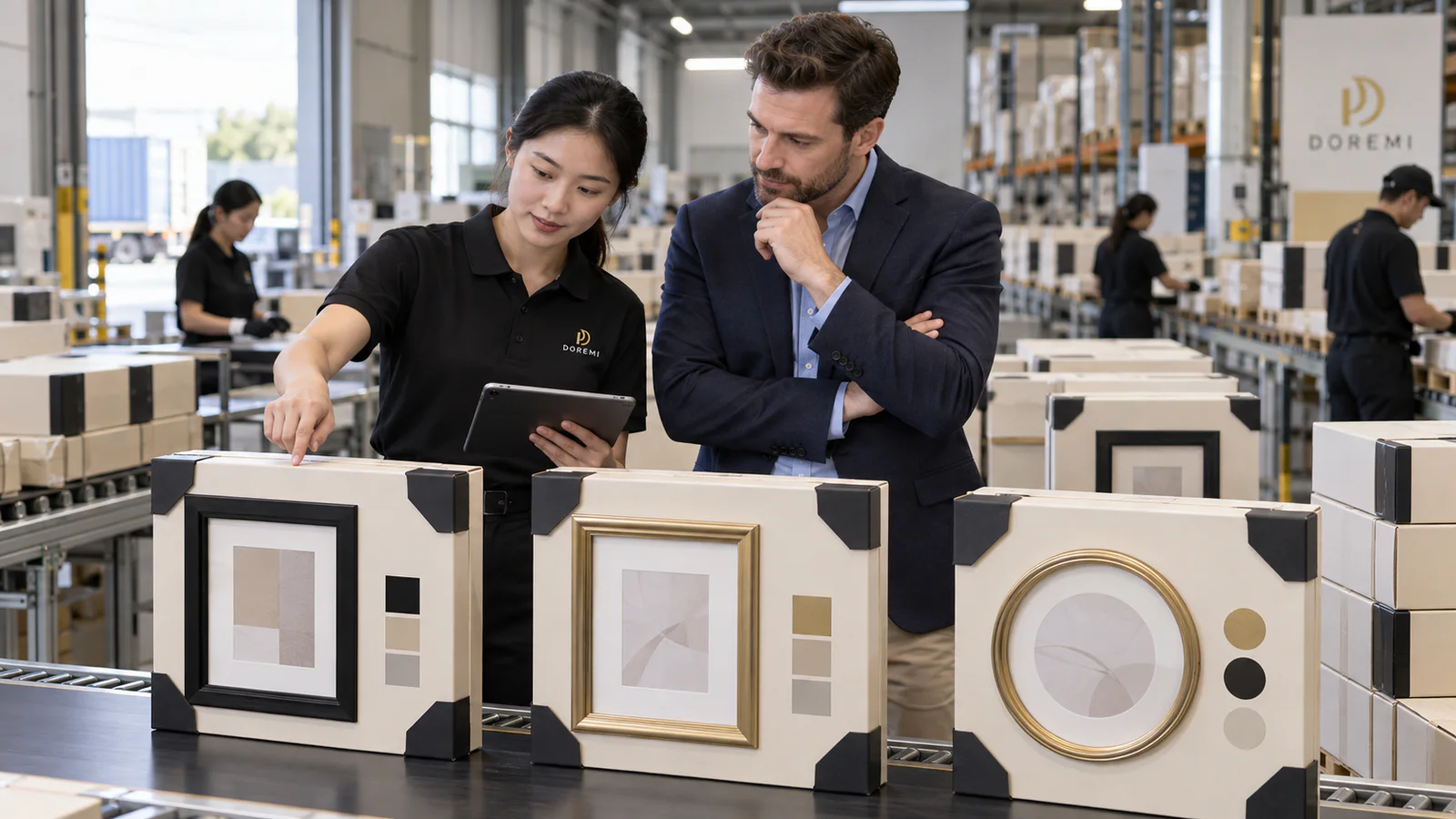 DOREMI packing specialist and U.S. buyer comparing three protected display-frame SKU packs before dispatch