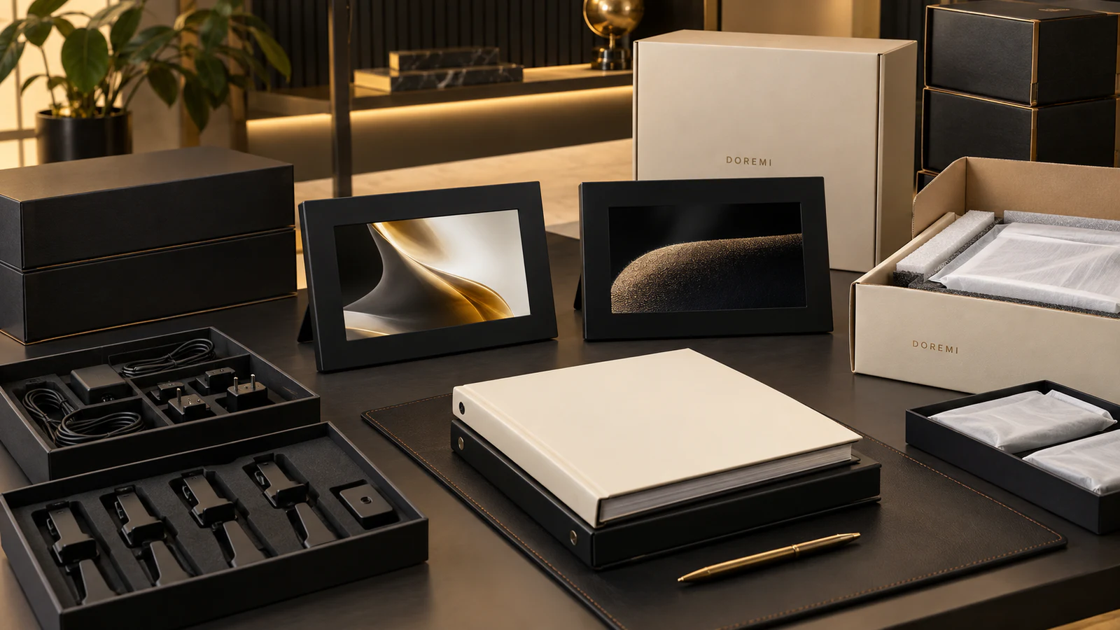 Black and cream digital photo frame samples with discreet DOREMI packaging prepared for a cybersecurity evidence handover