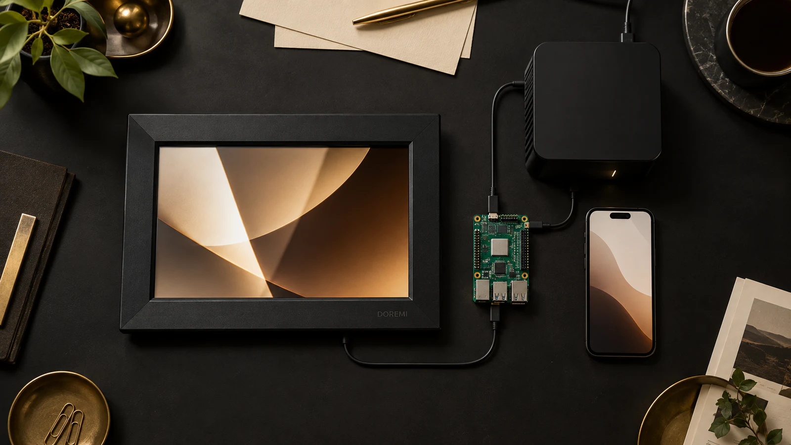 Premium Wi-Fi digital photo frame arranged with unbranded component samples and a product architecture review workspace