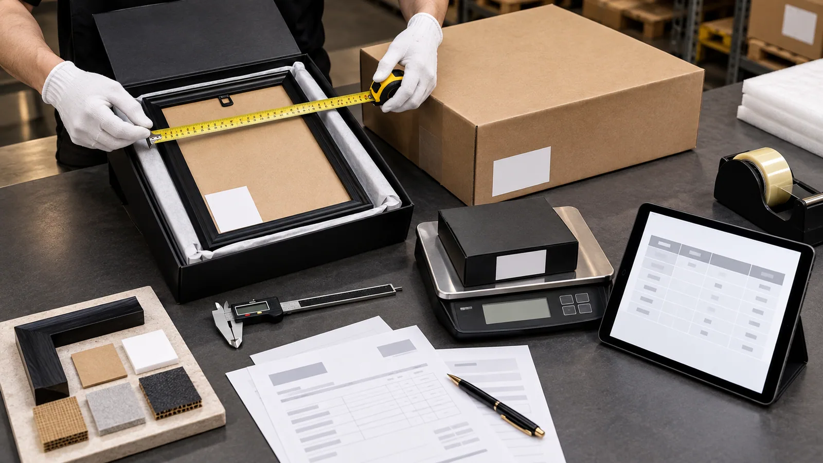 Display-frame parcel measurement with scale, calipers, packaging samples and blank landed-cost data sheets