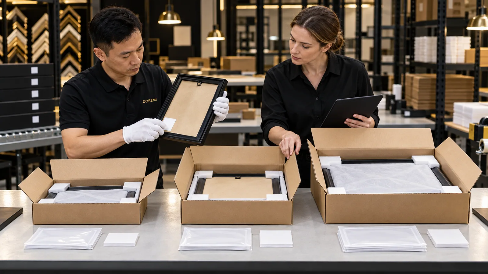 DOREMI packing specialist and logistics buyer comparing sample, replacement and direct-to-consumer display-frame parcel configurations