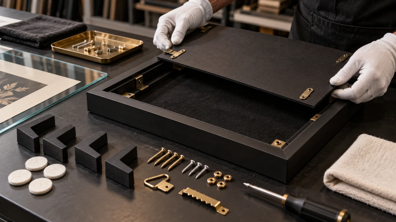 Gloved technician reviewing a display-frame backboard, hanging hardware, fasteners, glazing edge and protective pads for warranty service planning