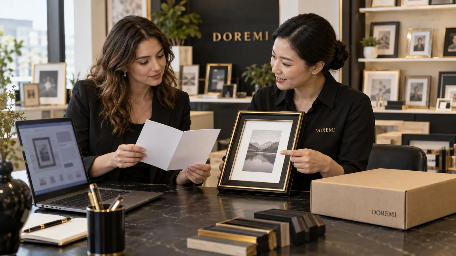 U.S. ecommerce buyer and DOREMI advisor reviewing a black display frame, blank warranty leaflet, retail carton and product page