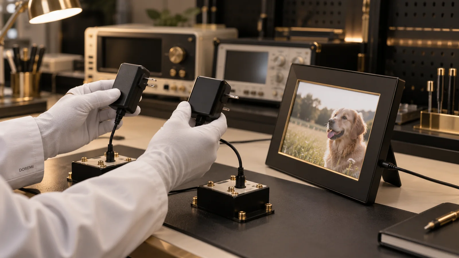 DOREMI technician comparing unlabelled external power supply samples beside a premium digital photo frame in an electronics laboratory