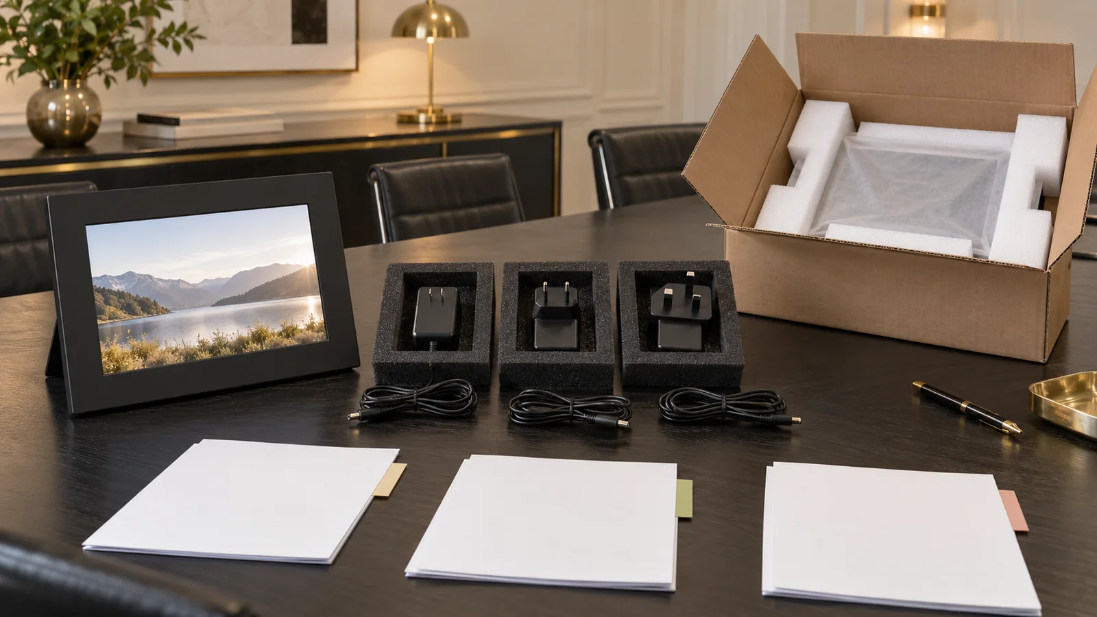 Digital photo frame, three external power supply samples and blank specification folders arranged for a model-family handover