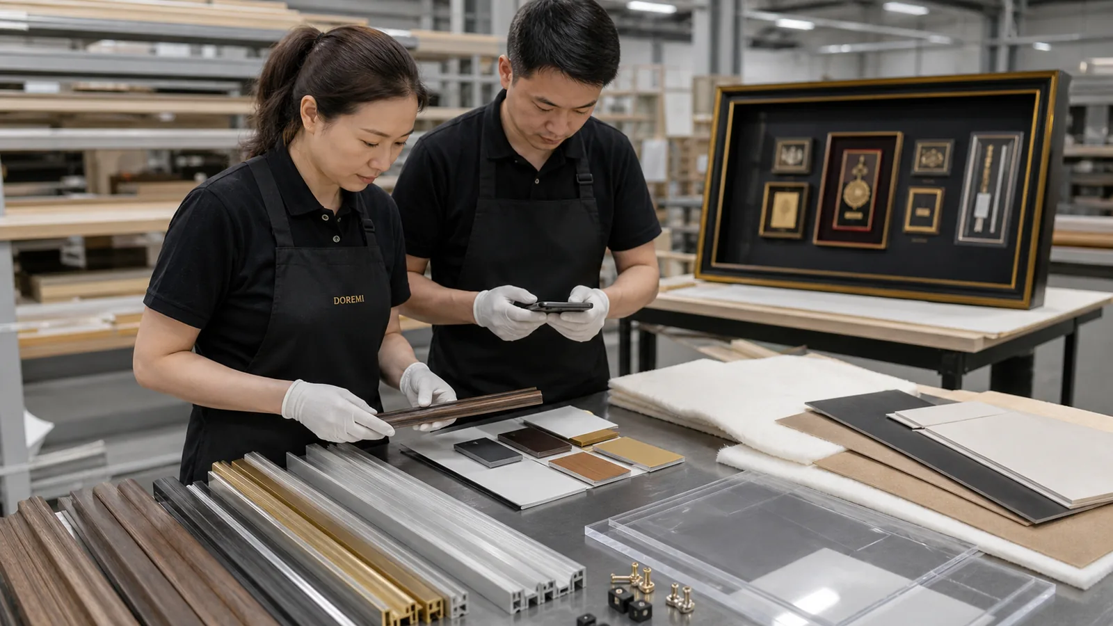 Display-frame quality staff checking wood moulding, aluminium profiles, acrylic, backing and textile materials at a factory receiving bench