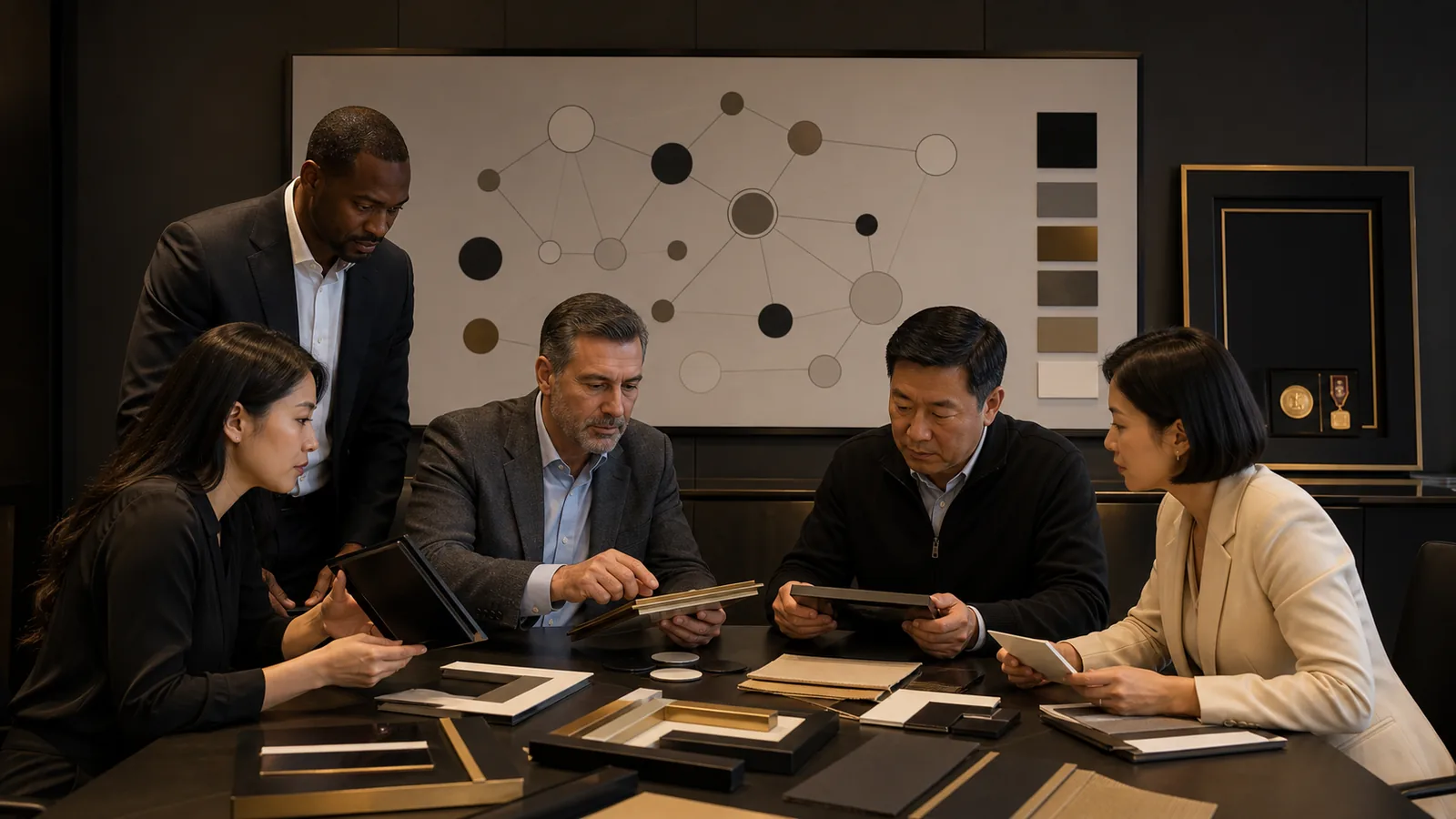 Importer, compliance and supplier representatives reviewing an unlabeled tiered material map beside black-and-gold display-frame samples
