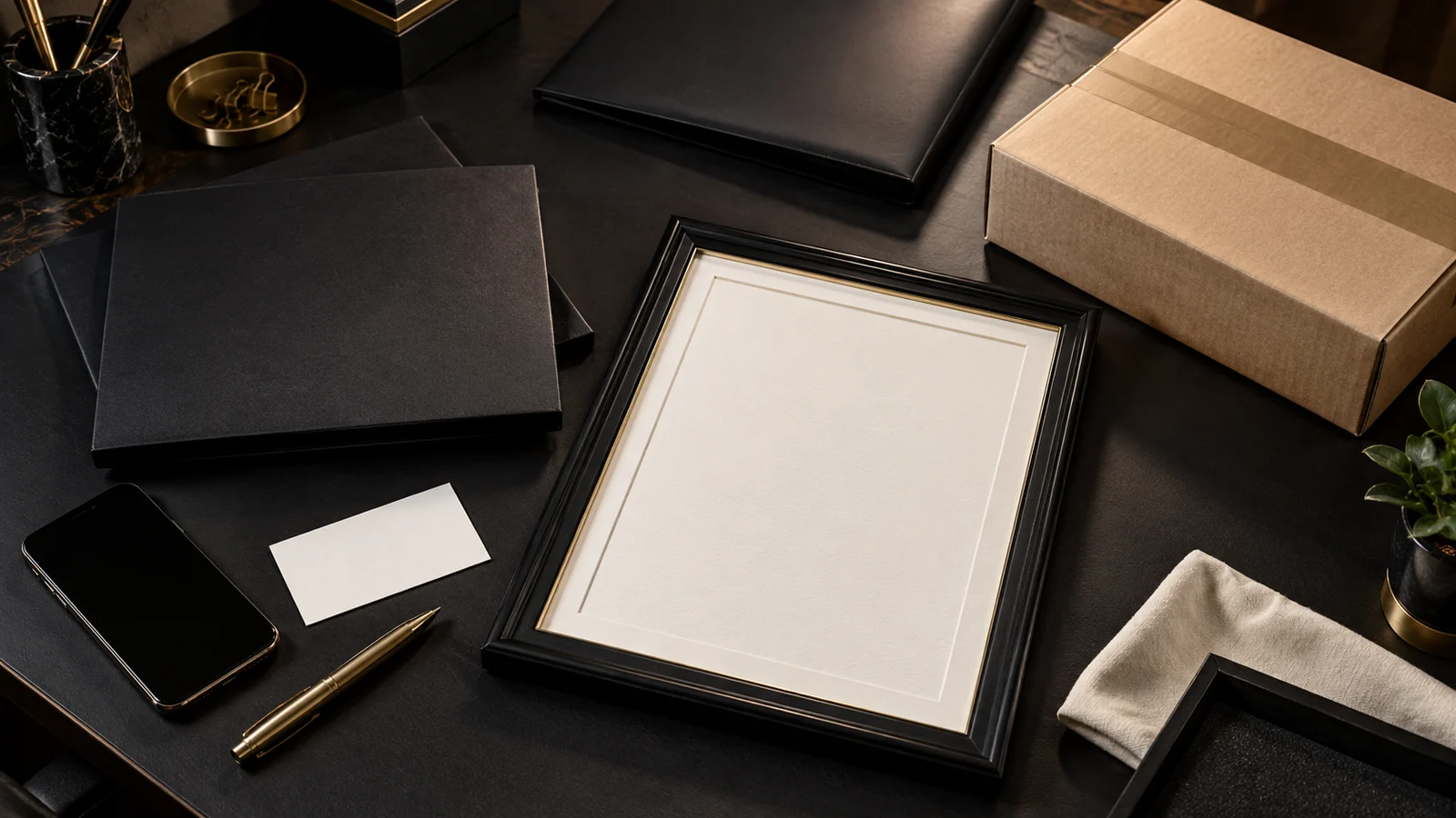 Blank identity-control folders, black display frame and sealed package arranged for a private-label marketplace seller review