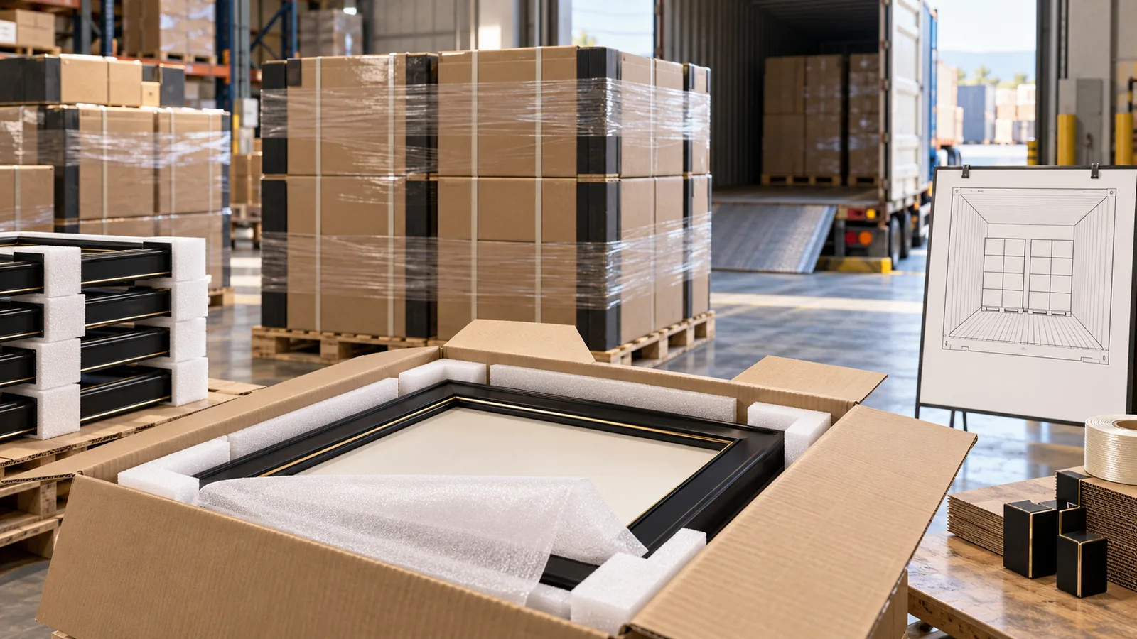 Premium display frames packed in export cartons beside palletised cargo and a container loading diagram