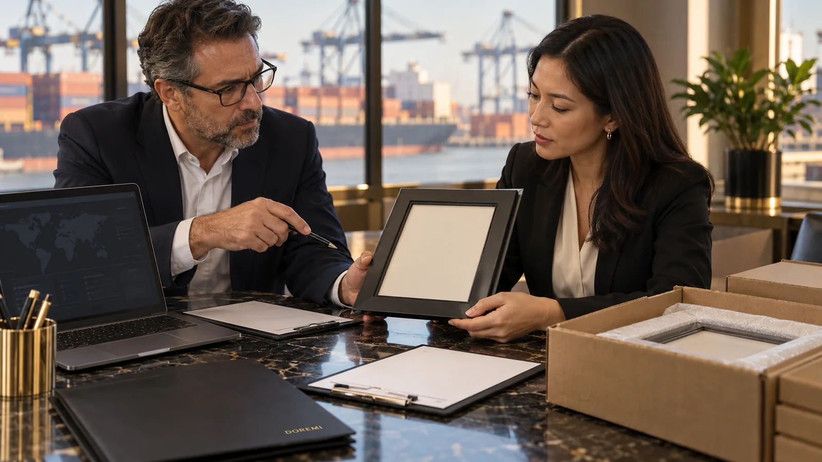 U.S. importer and customs broker reviewing a premium display frame and blank shipment documents before vessel lading