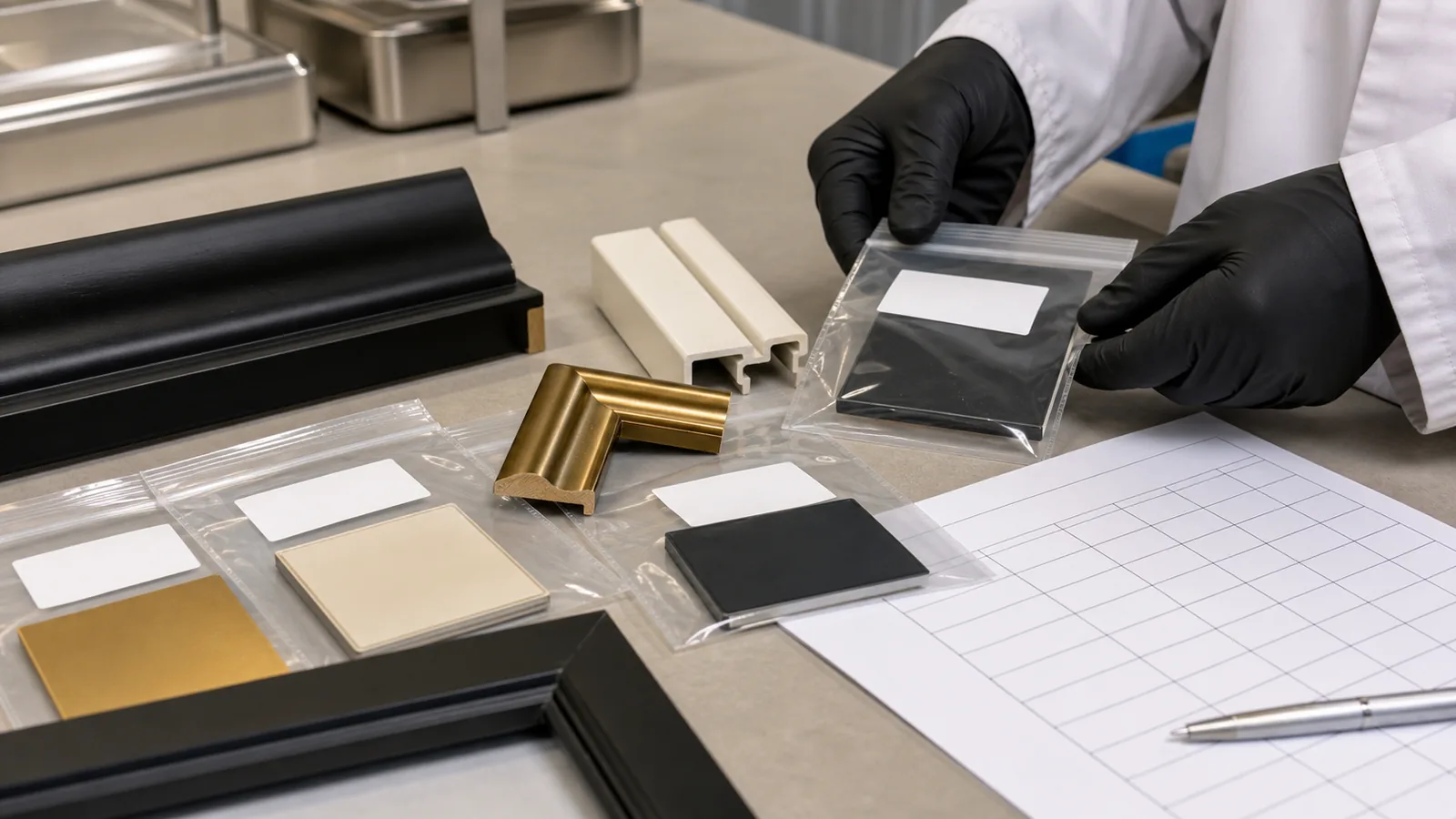 Laboratory technician organising black, cream and gold display-frame coating samples with blank chain-of-custody labels