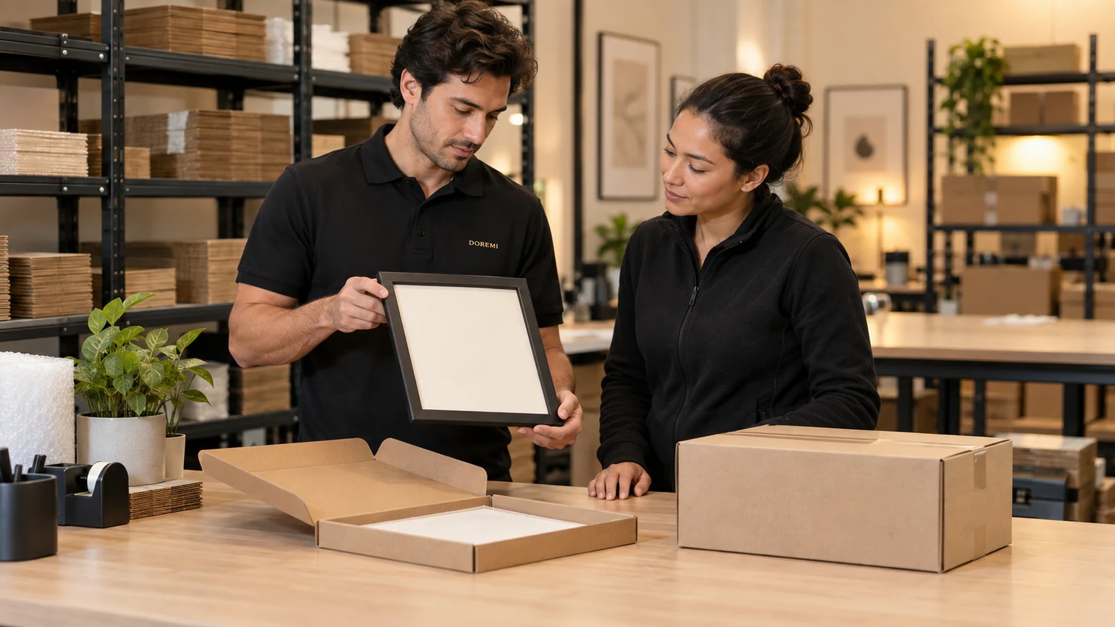 DOREMI operations team checking a blank black display frame and unprinted fulfilment packaging for a marketplace programme