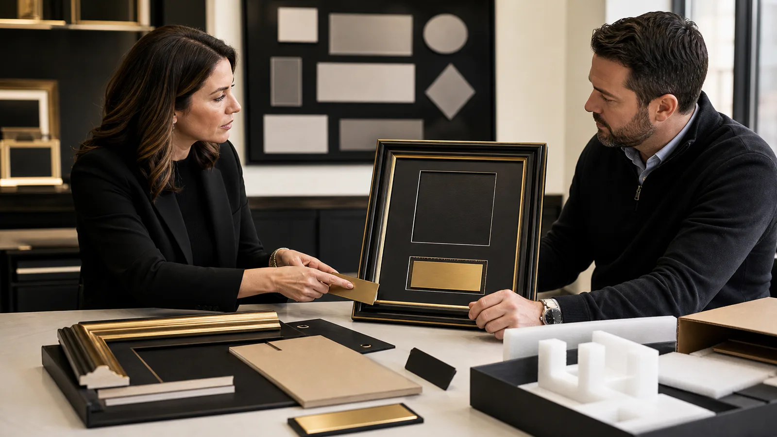 U.S. brand team comparing an imported display frame with locally added plaque and component evidence before an origin marketing claim