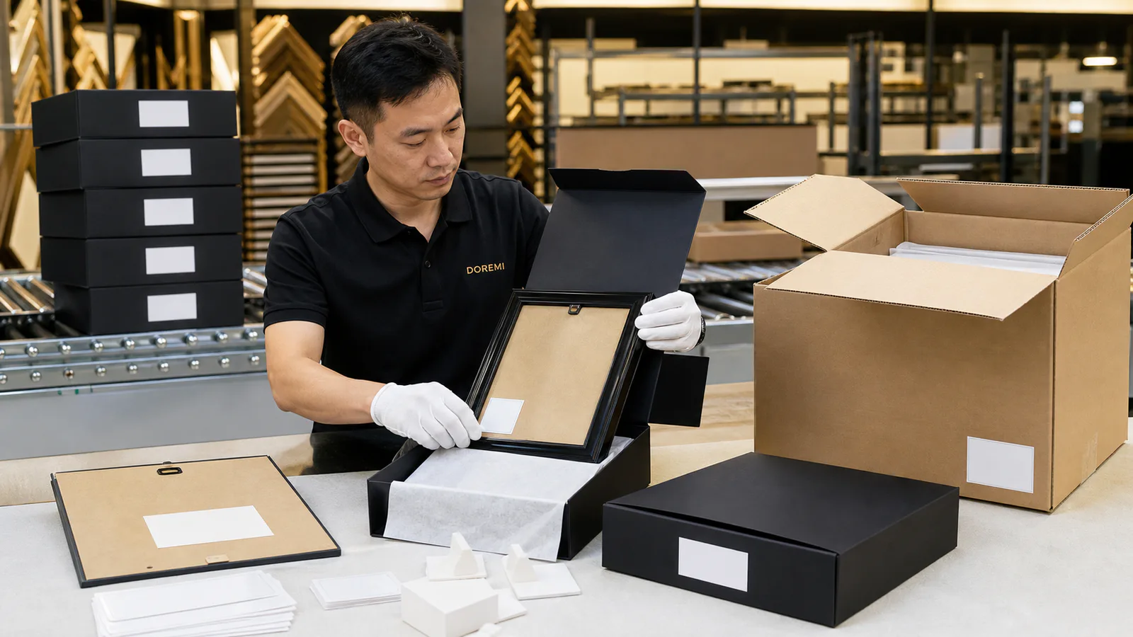 DOREMI packing technician checking blank origin-label zones on a display-frame backboard, retail box and master carton
