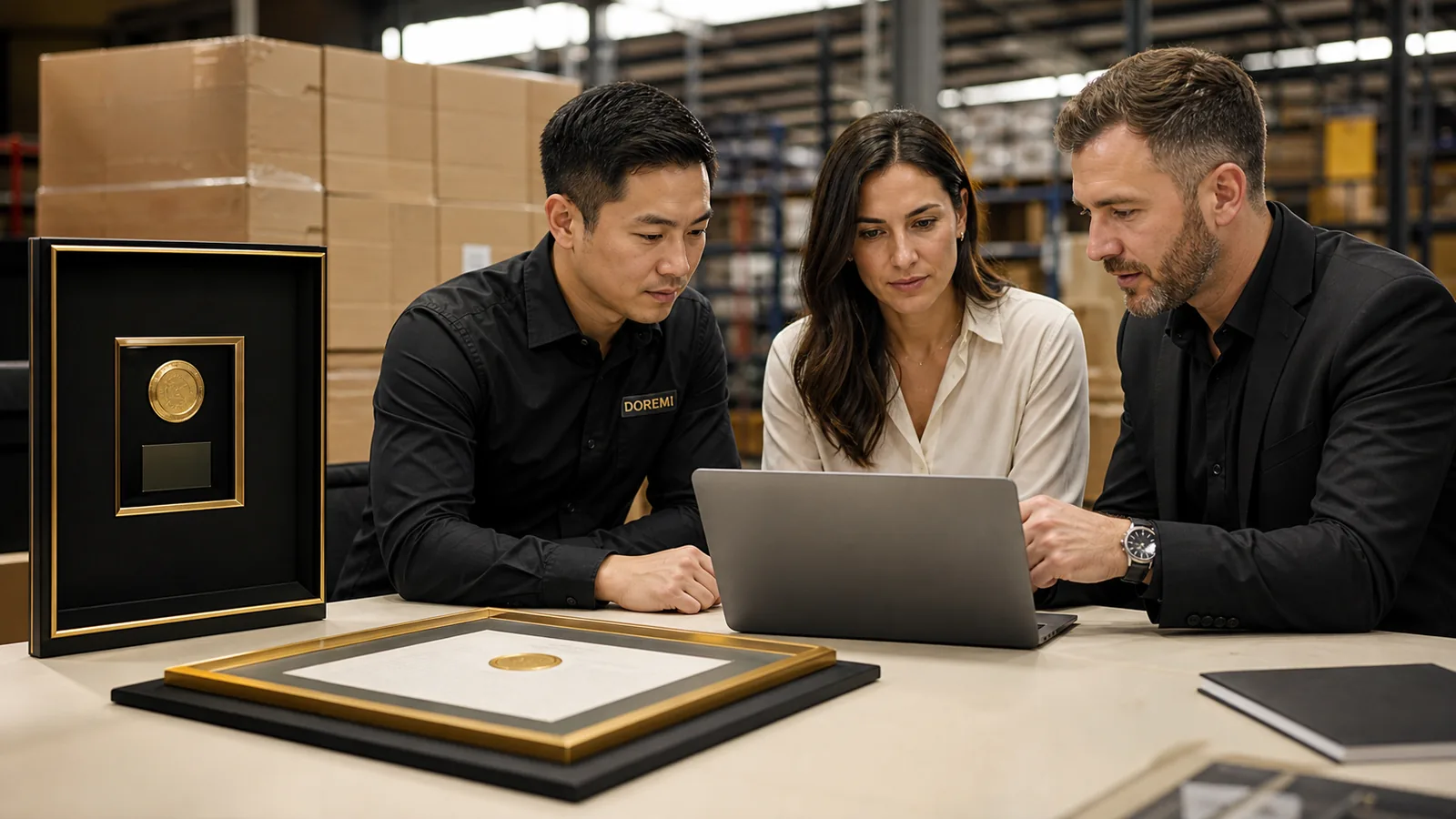 Importer, finance buyer and logistics specialist reviewing display-frame costs beside approved black-and-gold product samples