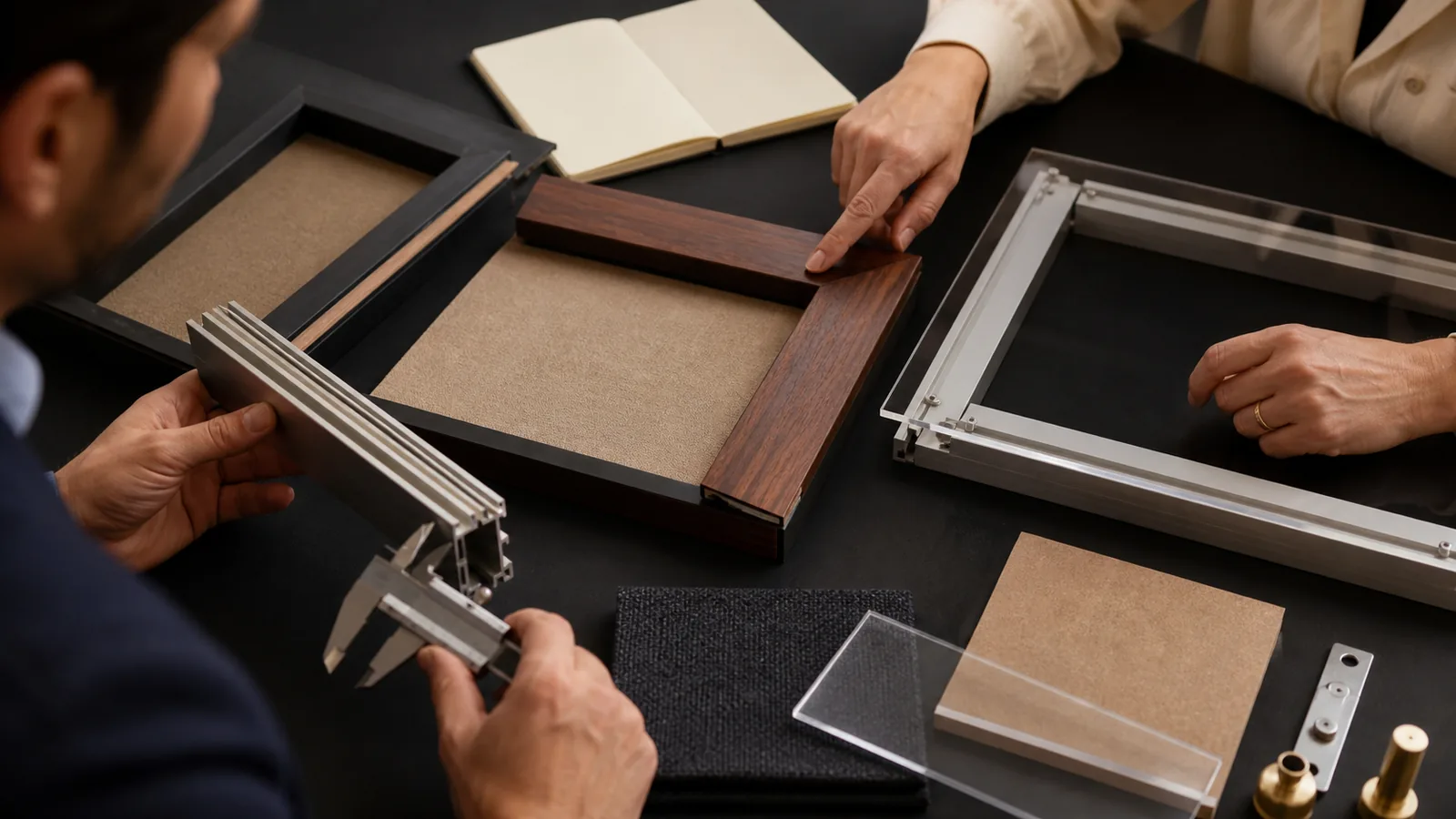 Buyer and customs adviser comparing wood, aluminium, acrylic, backing and textile components from custom display frames