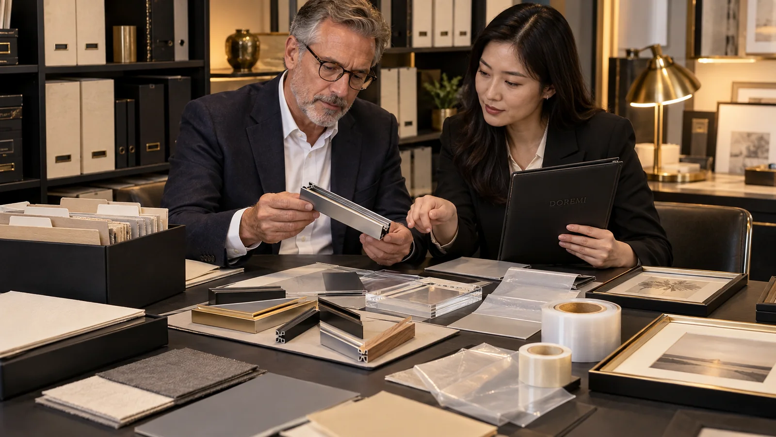 U.S. importer and DOREMI project advisor reviewing archived frame profiles, glazing, protective films, textiles and folders from multiple production periods