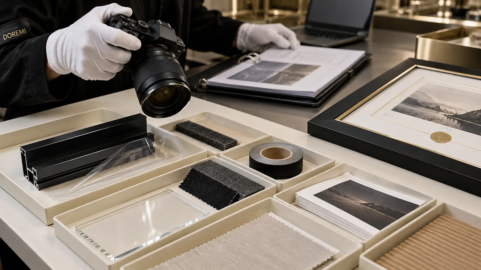 DOREMI quality specialist photographing separated frame profiles, protective film, adhesive tape, foam, textile, acrylic and paper material samples