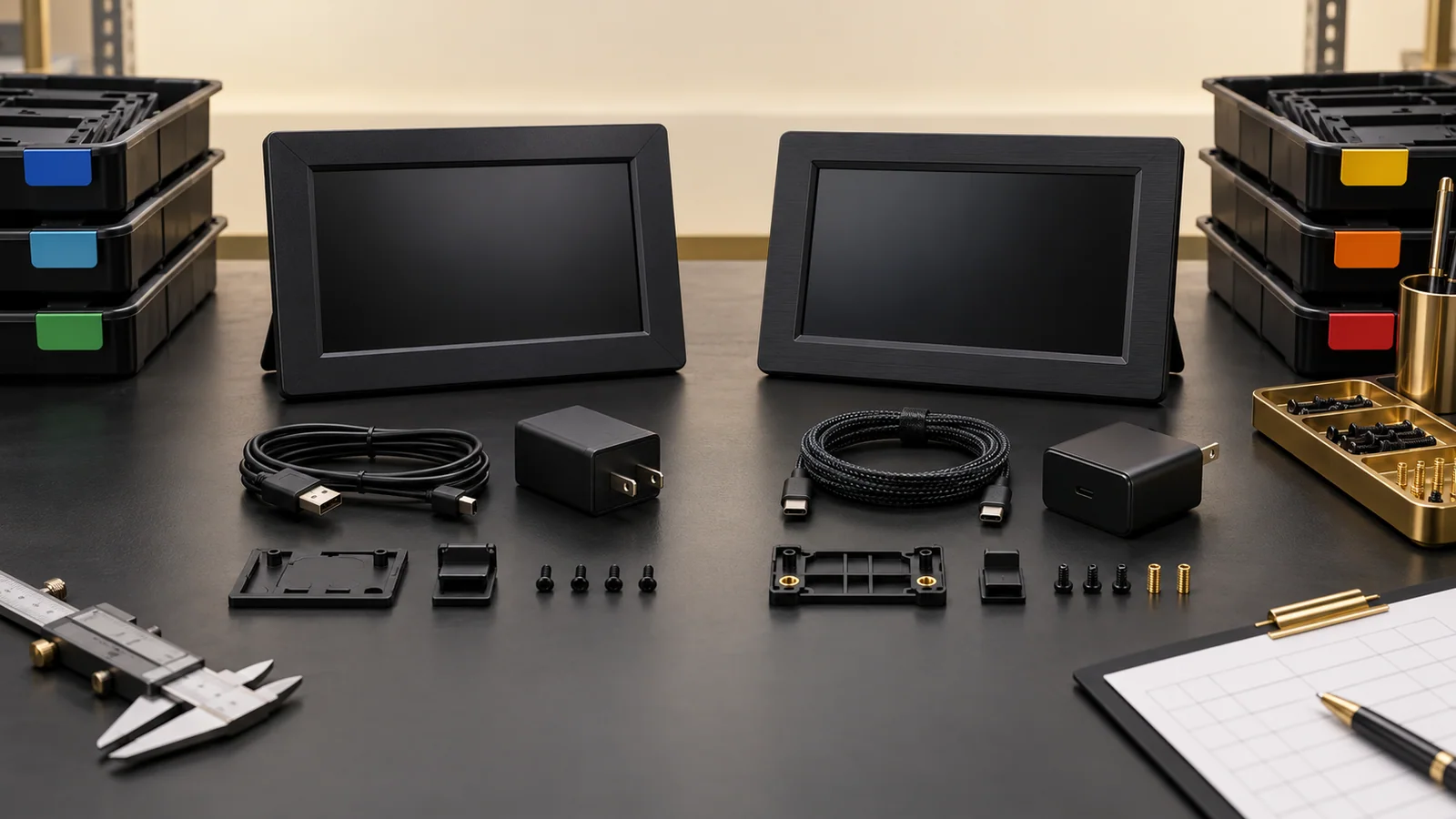 Two digital photo frames with alternate cables, adapters, component trays, caliper and blank inspection sheet on a change-control bench