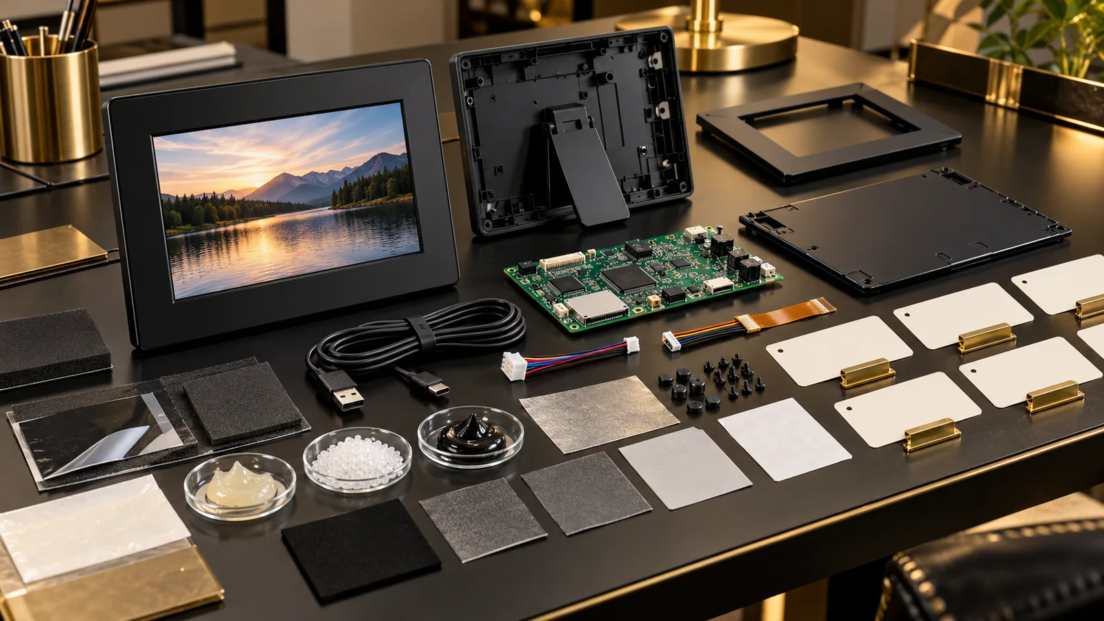 Digital photo frame, circuit board, cable, wire harness, plastic housing and blank supplier cards arranged for a TSCA component declaration review