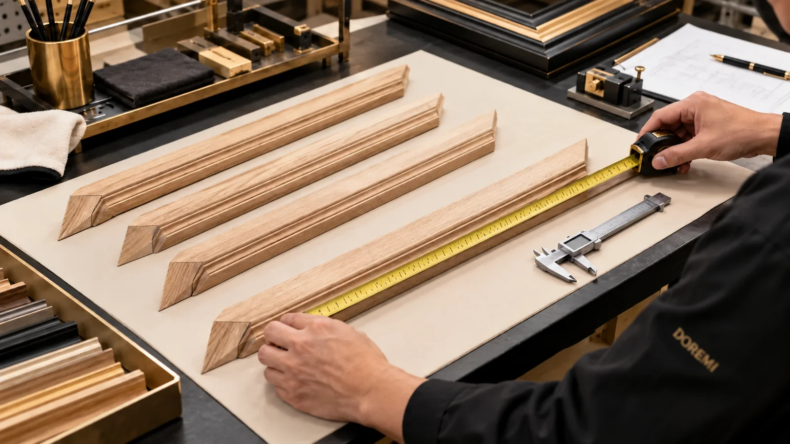 DOREMI quality technician measuring cut wood picture-frame components on a controlled inspection bench