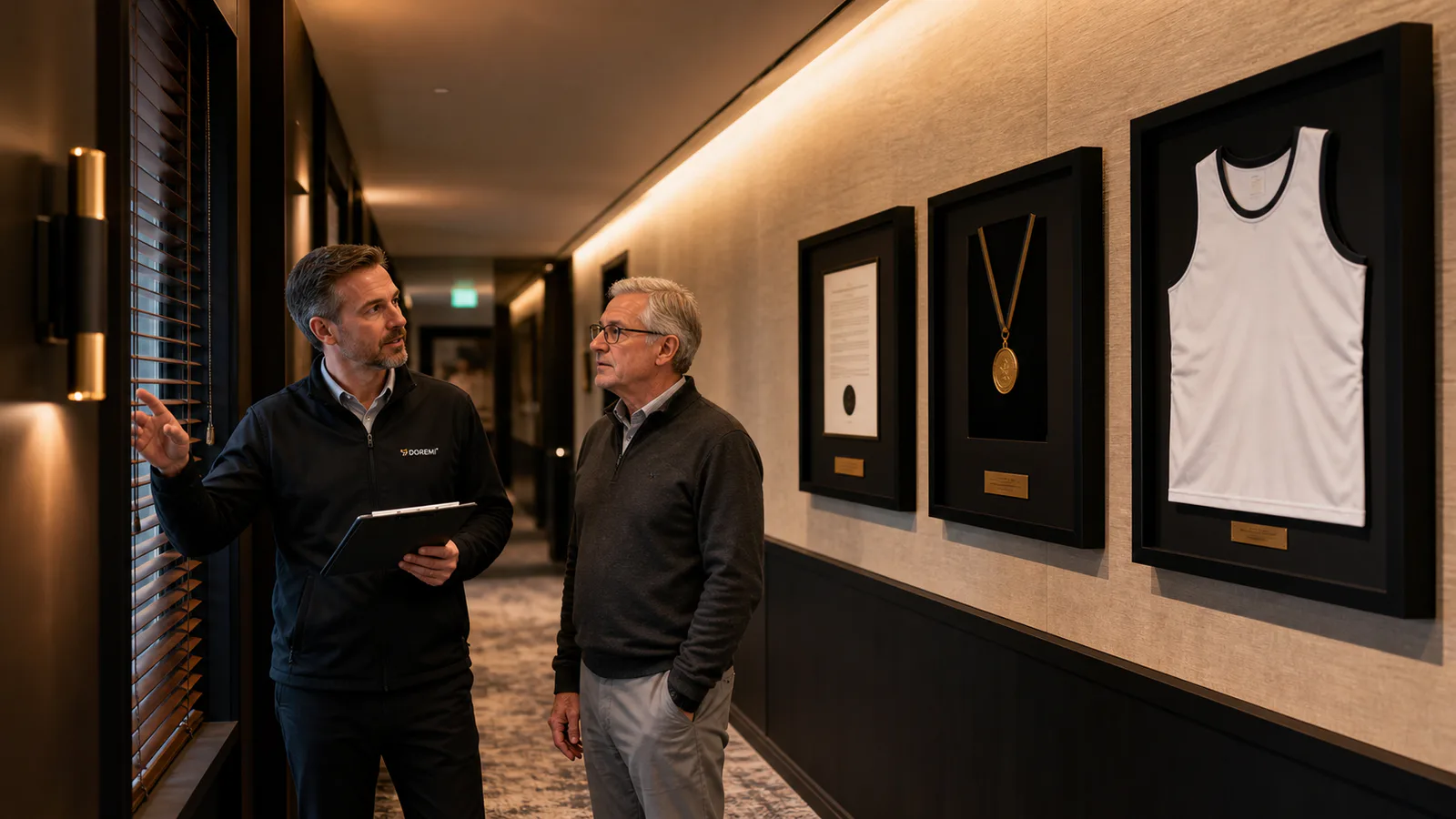 DOREMI project advisor and facilities manager reviewing blinds and lighting beside framed certificate, medal and jersey displays