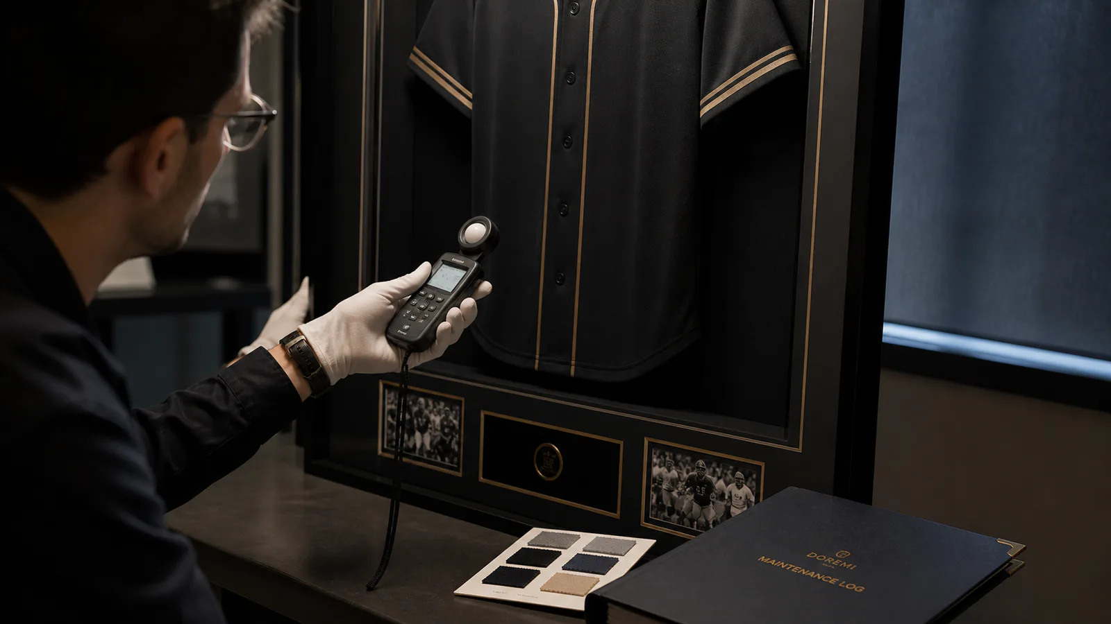 Technician using a handheld light meter beside a black framed jersey display in a controlled showroom