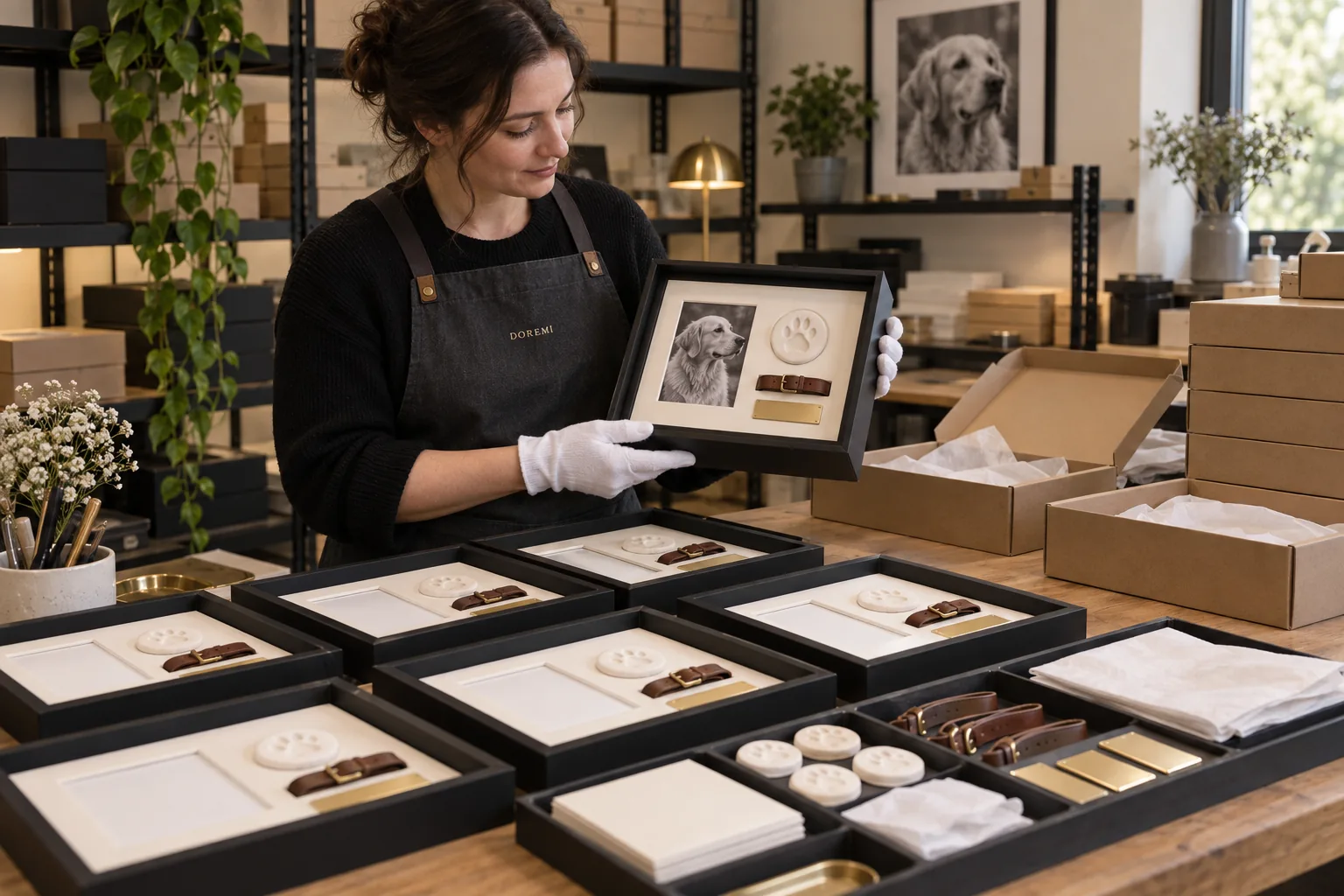DOREMI technician checking multiple black pet memorial shadow boxes at a clean small-batch fulfilment bench