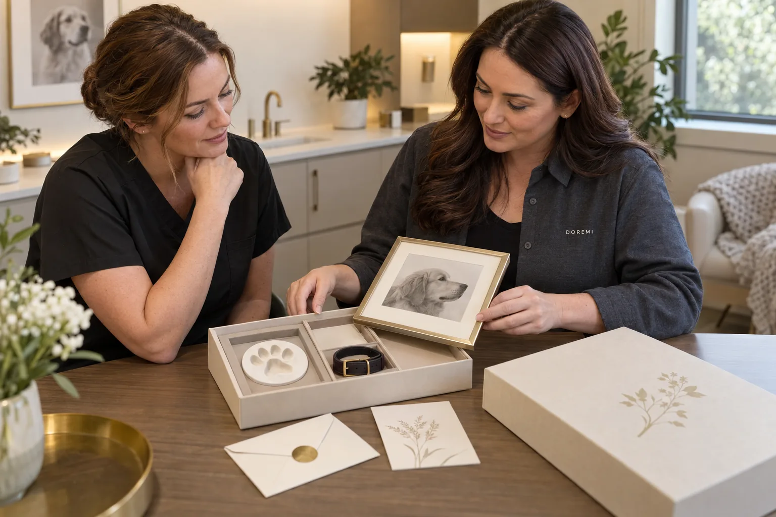 Veterinary practice manager and DOREMI project advisor reviewing a pet memorial frame kit with paw print, collar and photo insert