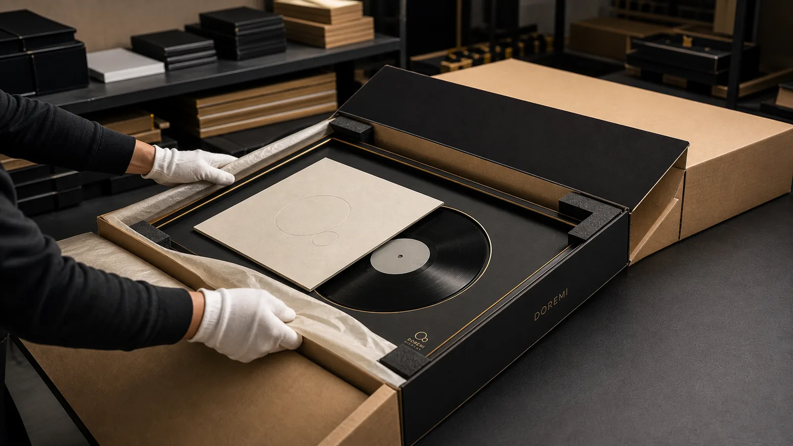 Premium DOREMI vinyl record display frame protected inside fitted export packaging