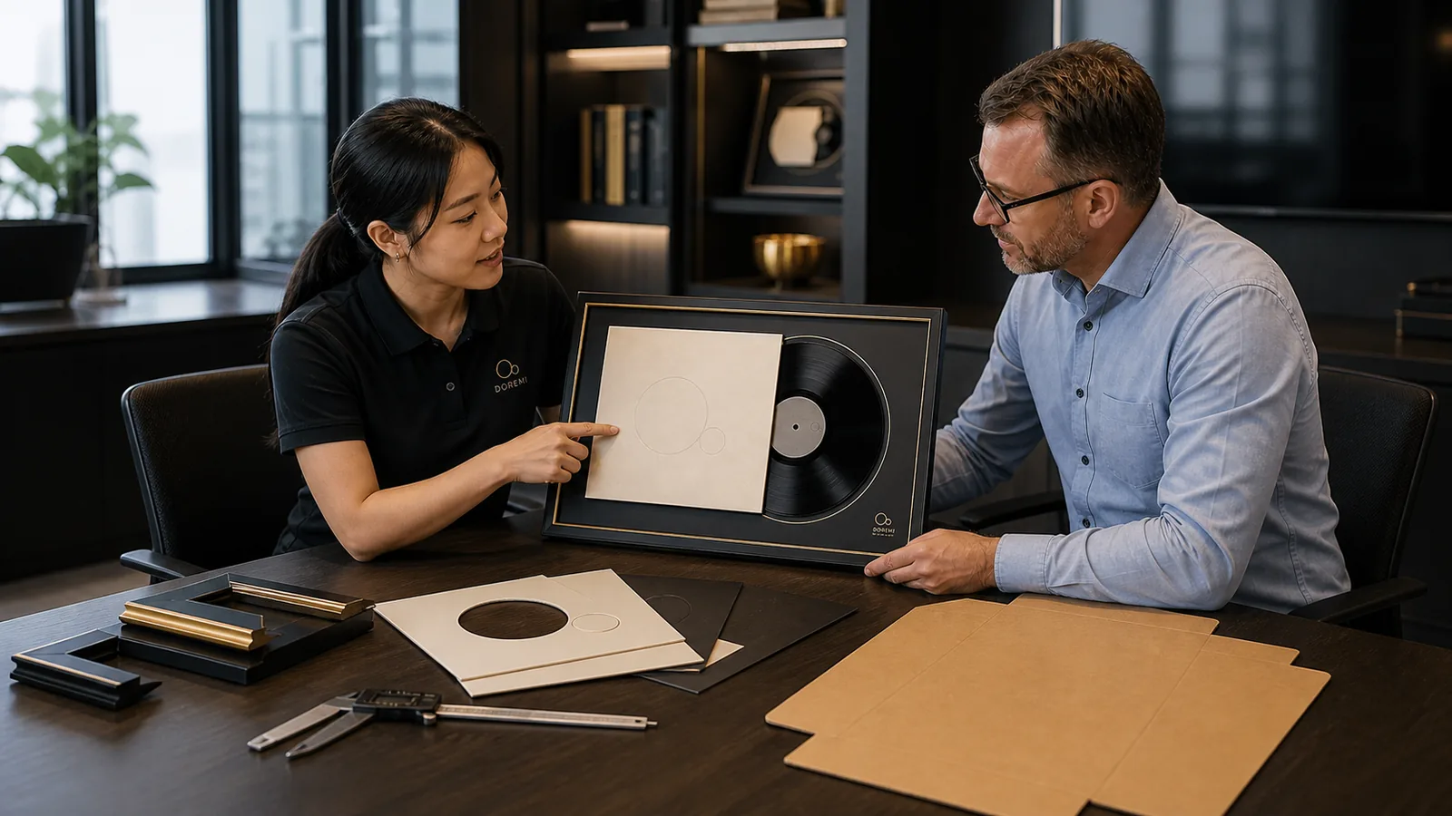DOREMI project advisor and buyer reviewing a black and gold vinyl display frame specification