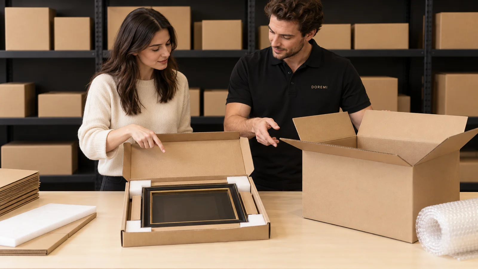 Private-label buyer and DOREMI advisor comparing a retail display-frame carton with a separate e-commerce shipping box and protected black frame
