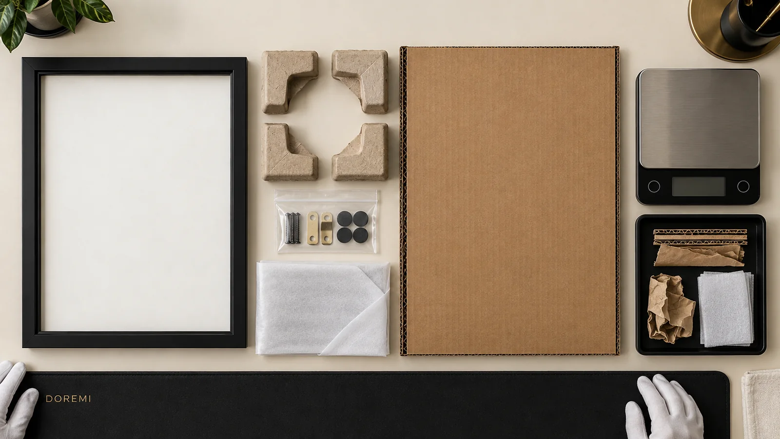 Top-down audit of a black display frame with corrugated board, paper corners, protective sleeve, hardware pouch and a blank digital scale